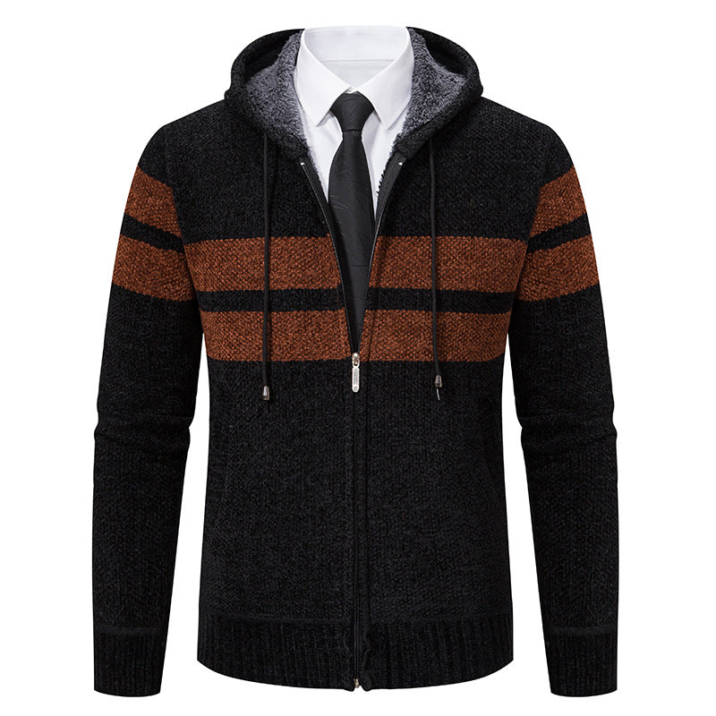 Close-up of the knit texture on a men's hooded jacket