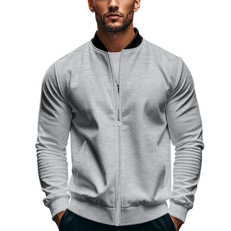Side view of the slim silhouette on a men's stand-collar jacket