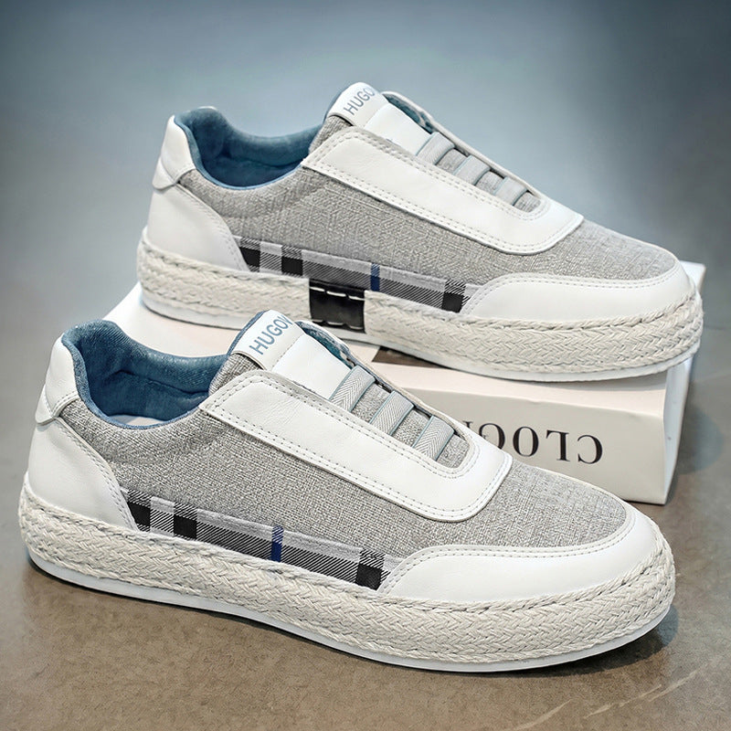 Close-up of woven linen upper and leather accents on espadrille sneakers