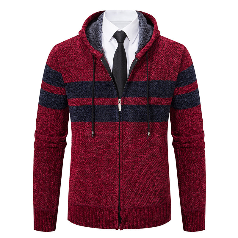 Men's knit hooded jacket with soft teddy lining