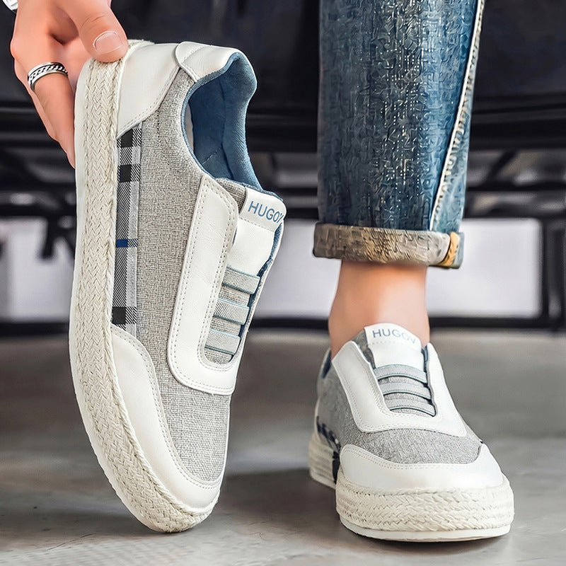 Side profile highlighting the flexible sole of woven linen sneakers