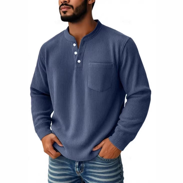 Close-up of the chest pocket on a Henley shirt