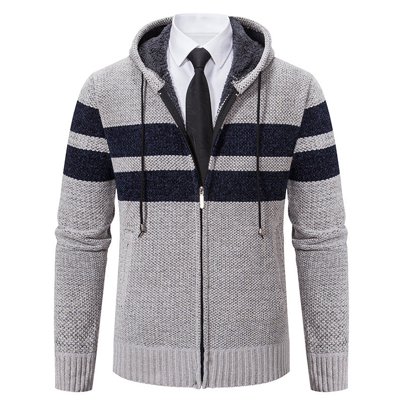 Men's teddy lined knit hooded jacket shown from the front