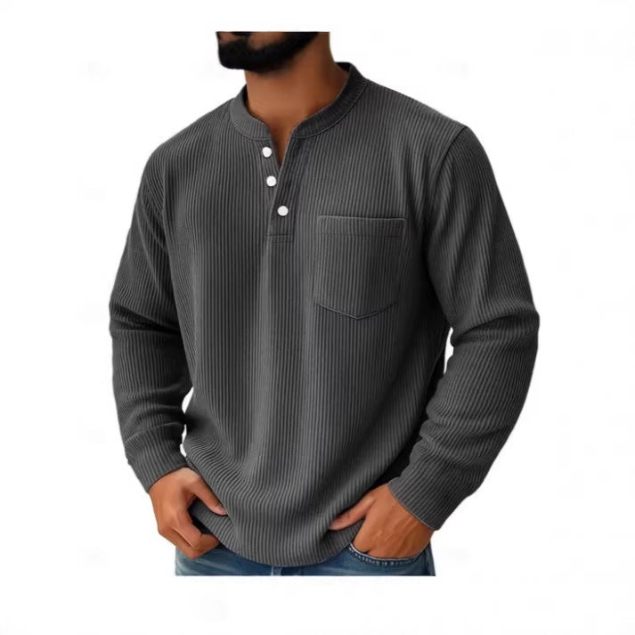 Henley neckline and chest pocket on a men's shirt