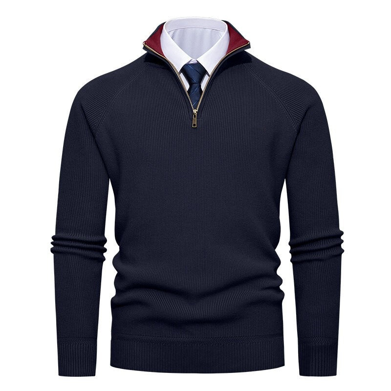 Cuffed sleeve detail on the ribbed knit half-zip sweater
