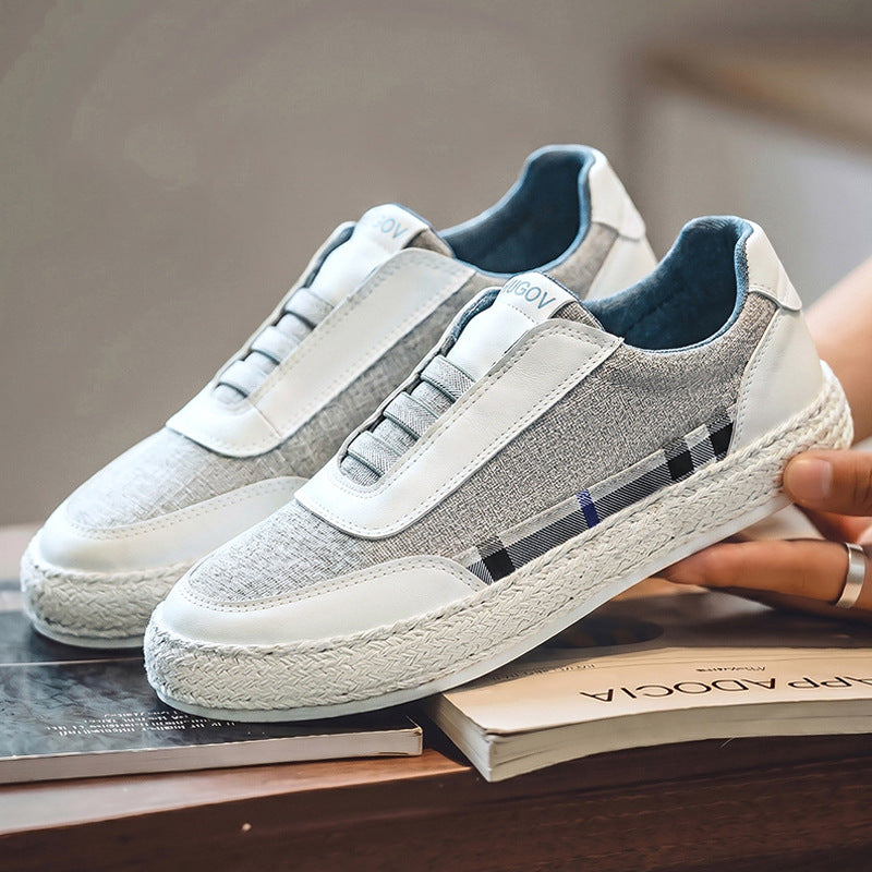 Espadrille sneaker sole with textured tread and woven linen upper