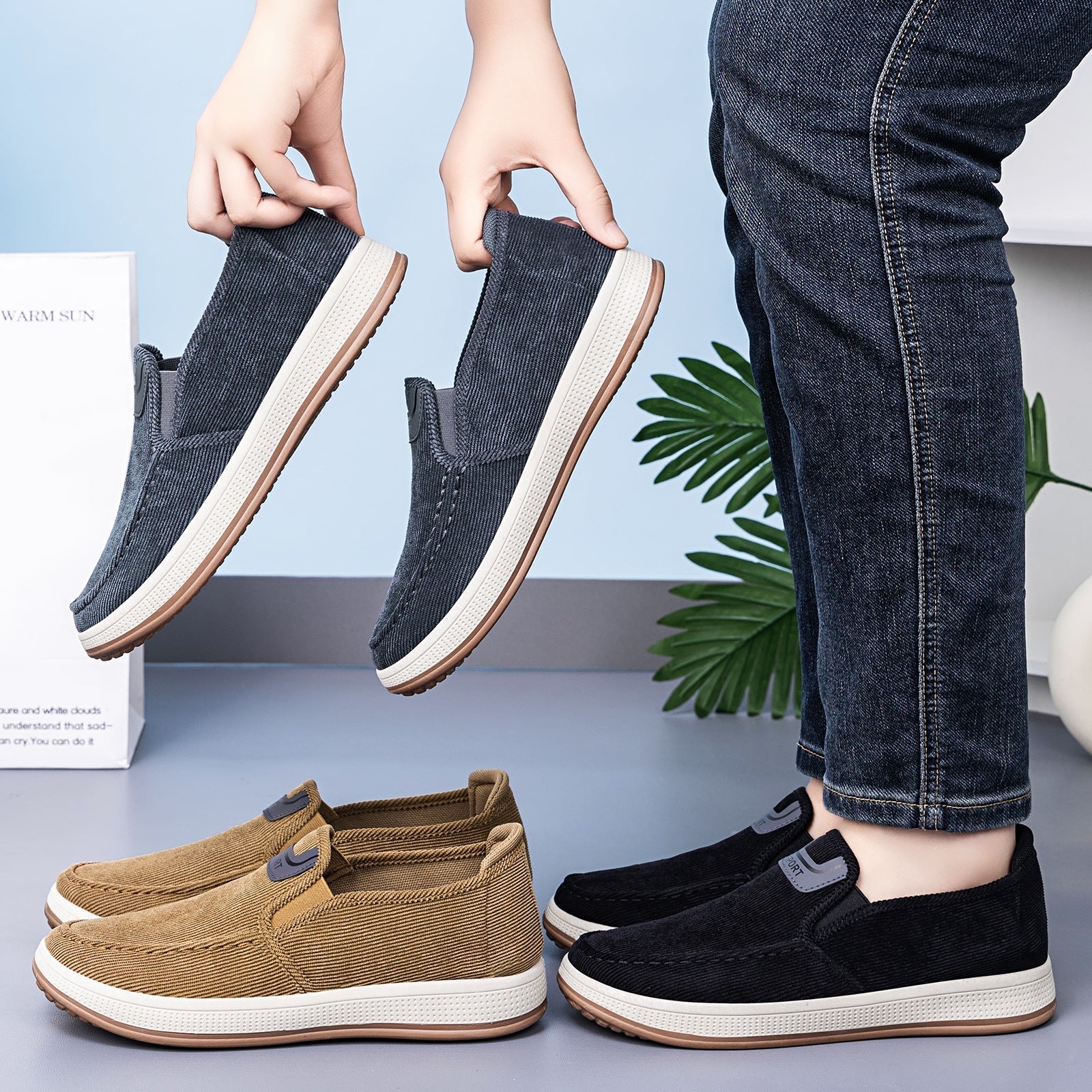 Close-up of the textured corduroy upper on a men's slip-on sneaker