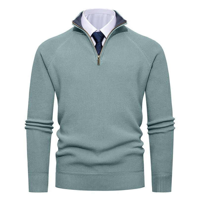 Detail of the half-zip closure on the men's sweater