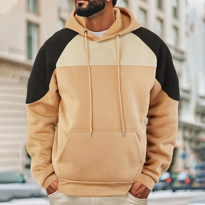 Men's textured contrast panel hoodie shown from the front