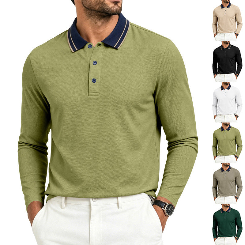 Men's long-sleeve pique polo shirt with a contrast collar