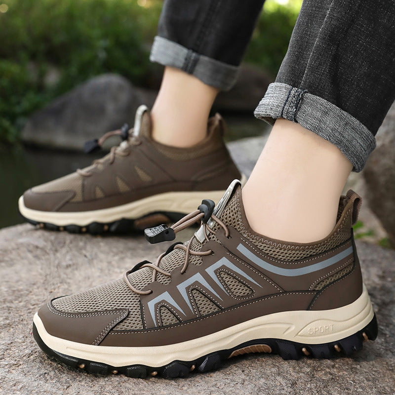 Side view of men's trekking sneakers with breathable mesh uppers