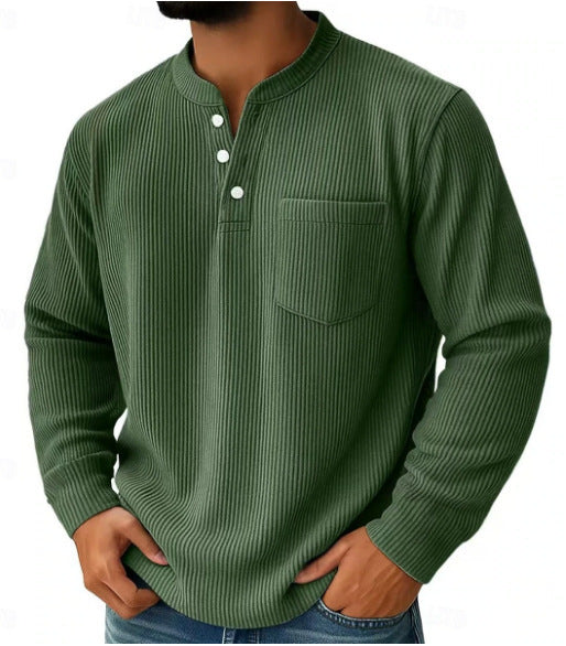 Side view of a men's waffle knit Henley shirt
