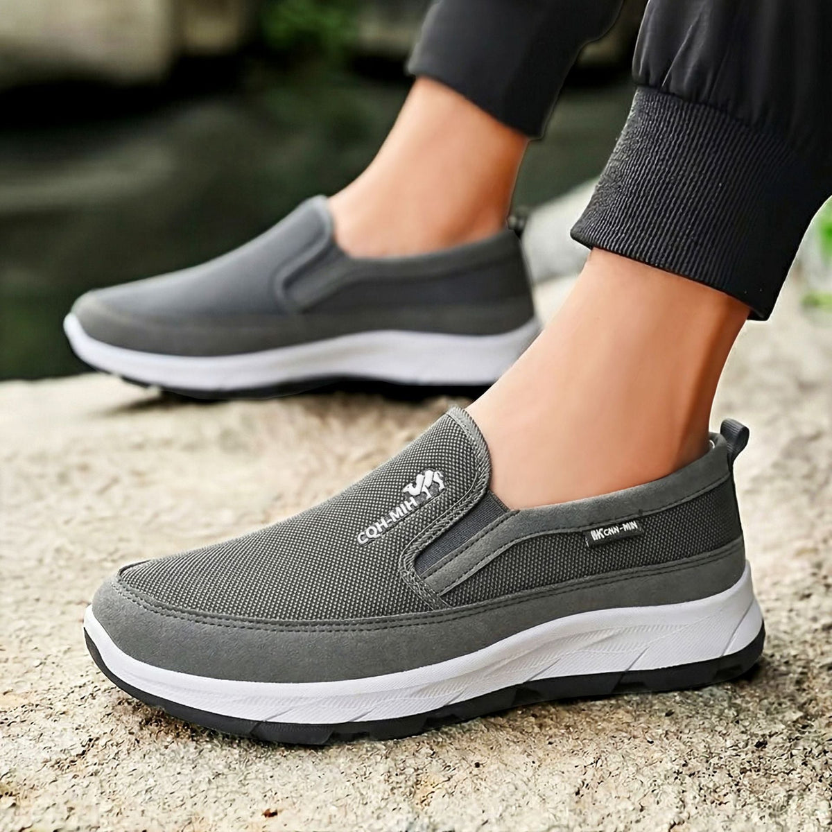 Close-up of the padded upper on a men’s comfort slip-on sneaker