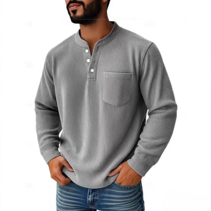 Textured waffle knit fabric on a men's Henley shirt