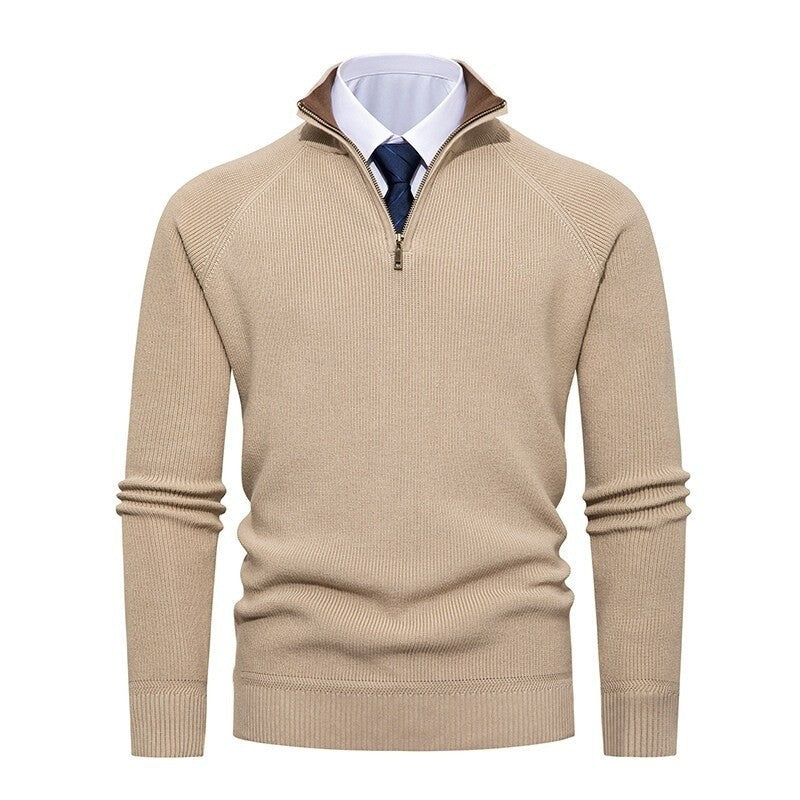 Side view of the men's ribbed knit half-zip sweater