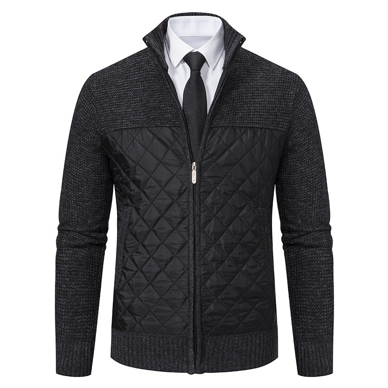 Side view of the quilted hybrid knit jacket with fitted sleeves