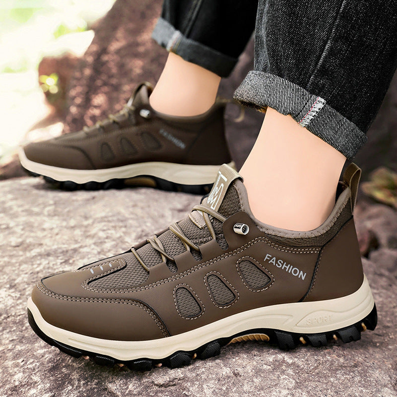 Close-up of the mesh upper on a men's trail sneaker