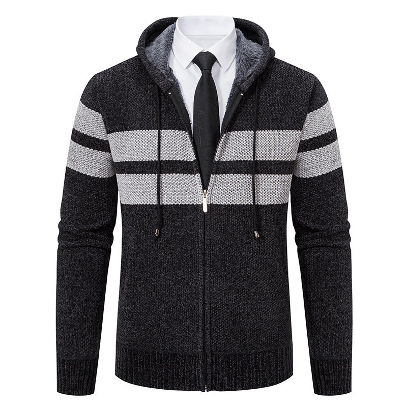 Teddy lining visible inside a men's knit hooded jacket