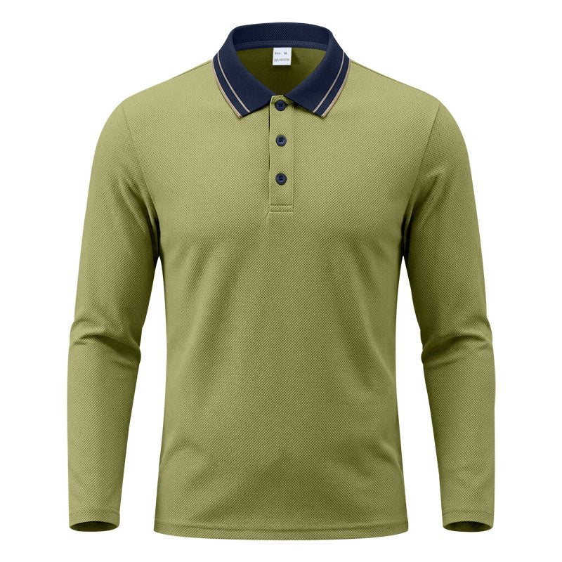 Full view of men's long-sleeve contrast-collar polo shirt