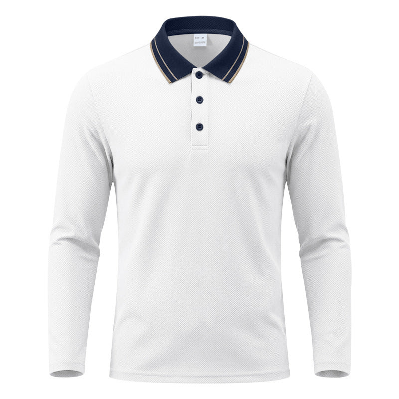Side view of a men's long-sleeve pique polo shirt