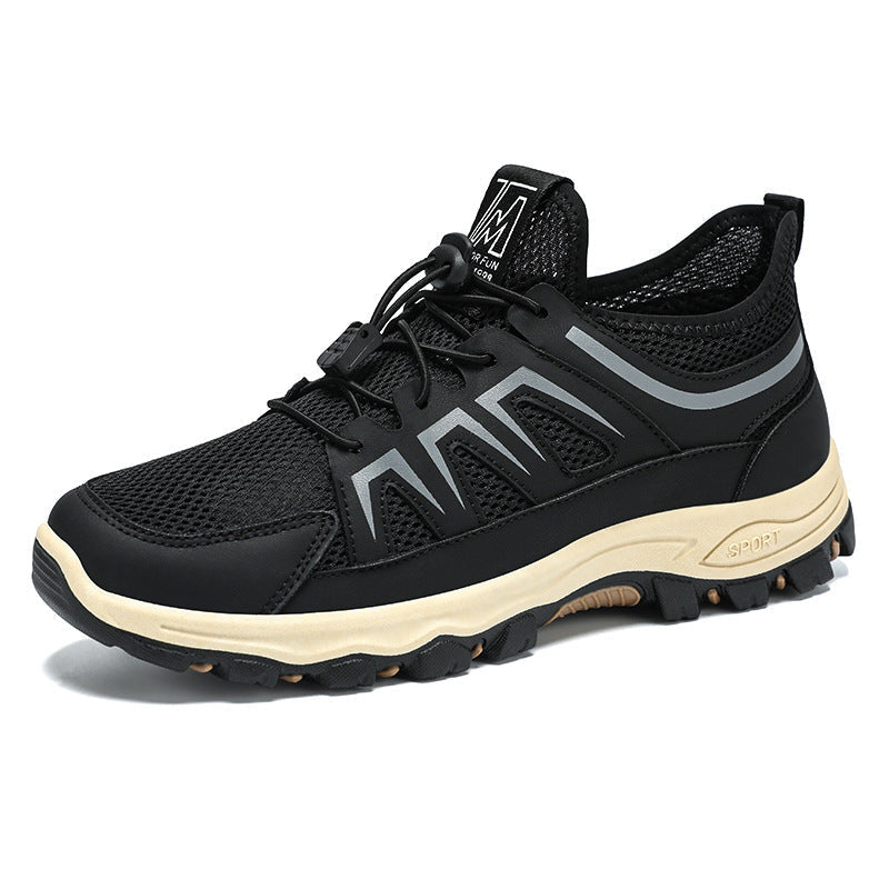 Pair of men's mesh trekking sneakers viewed from above