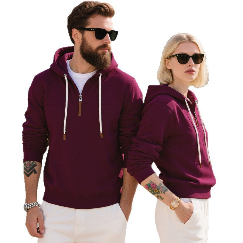 Men's hoodie with drawstring hood shown from the front