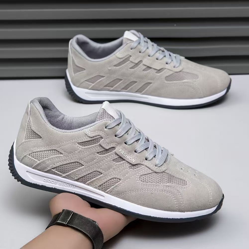 Angled view of a suede casual sneaker