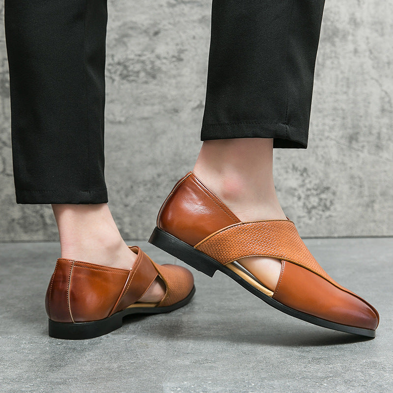 Rear view of genuine leather cross-strap loafers