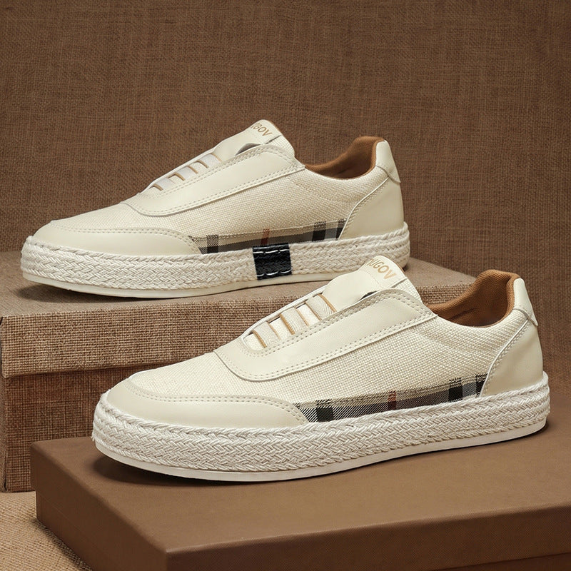 Close-up view of the lace-up design on linen espadrille sneakers