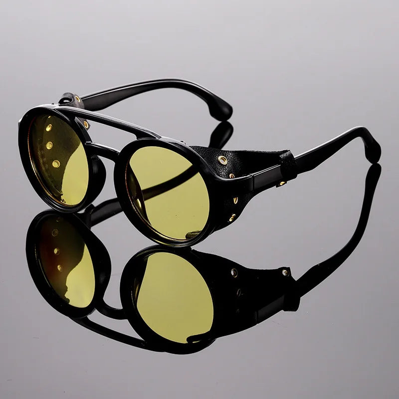 Vintage Steampunk Round Sunglasses – Retro Leather Side Shield Goggles