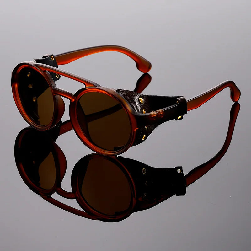 leather goggles Vintage Steampunk Round Sunglasses – Retro Leather Side Shield Goggles, F