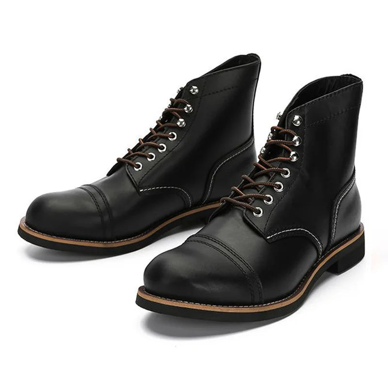 Bastien Men Vintage Leather Motorcycle Boots Cap Toe Retro High Top Work Shoes