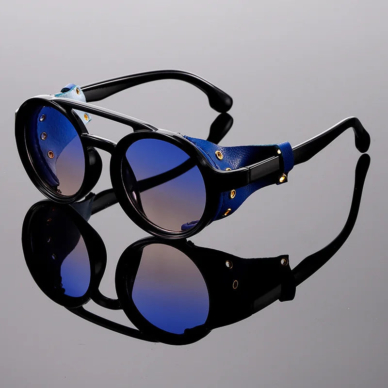 Vintage Steampunk Round Sunglasses – Retro Leather Side Shield Goggles