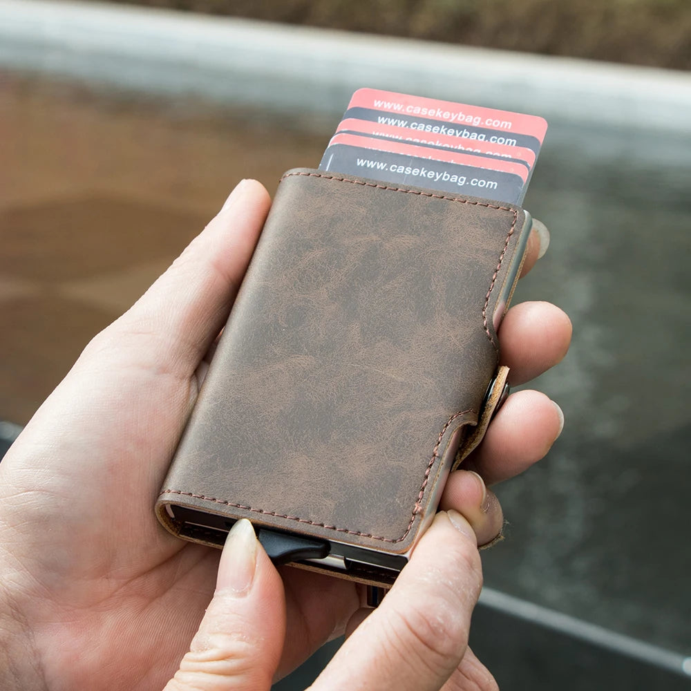 Men’s RFID Blocking Pop-Up Card Wallet – Vintage Leather Slim Money Clip Holder