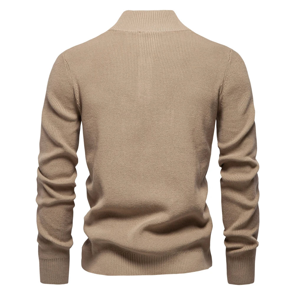 Side view showing the fit and ribbed construction of the men's sweater