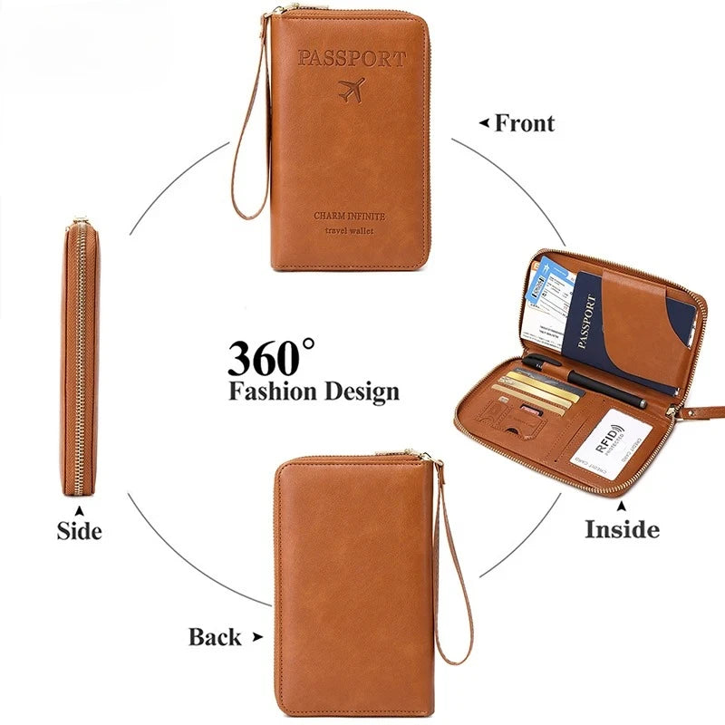 RFID Blocking Passport Holder Travel Wallet with Zipper & Wrist Strap