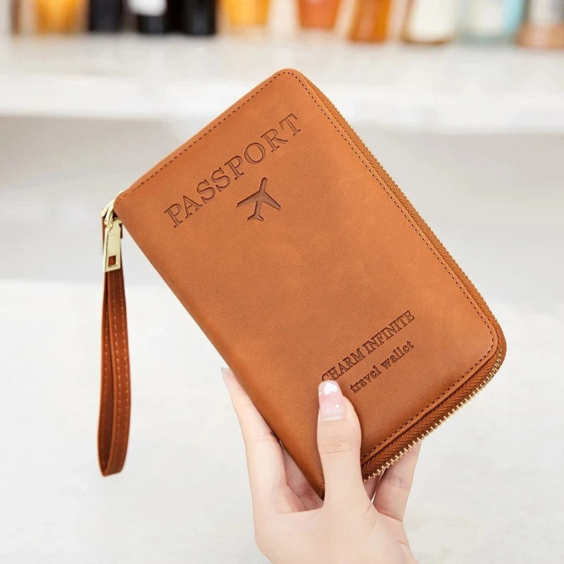RFID Blocking Passport Holder Travel Wallet with Zipper & Wrist Strap