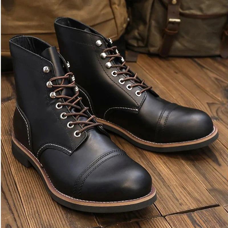 Bastien Men Vintage Leather Motorcycle Boots Cap Toe Retro High Top Work Shoes