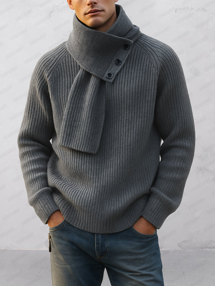 Men's knit crew neck sweater with a removable scarf and raglan sleeves