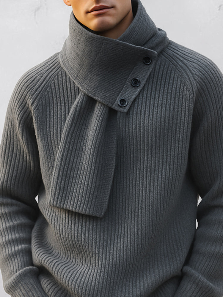 Men's sweater shown with its removable scarf for versatile layering