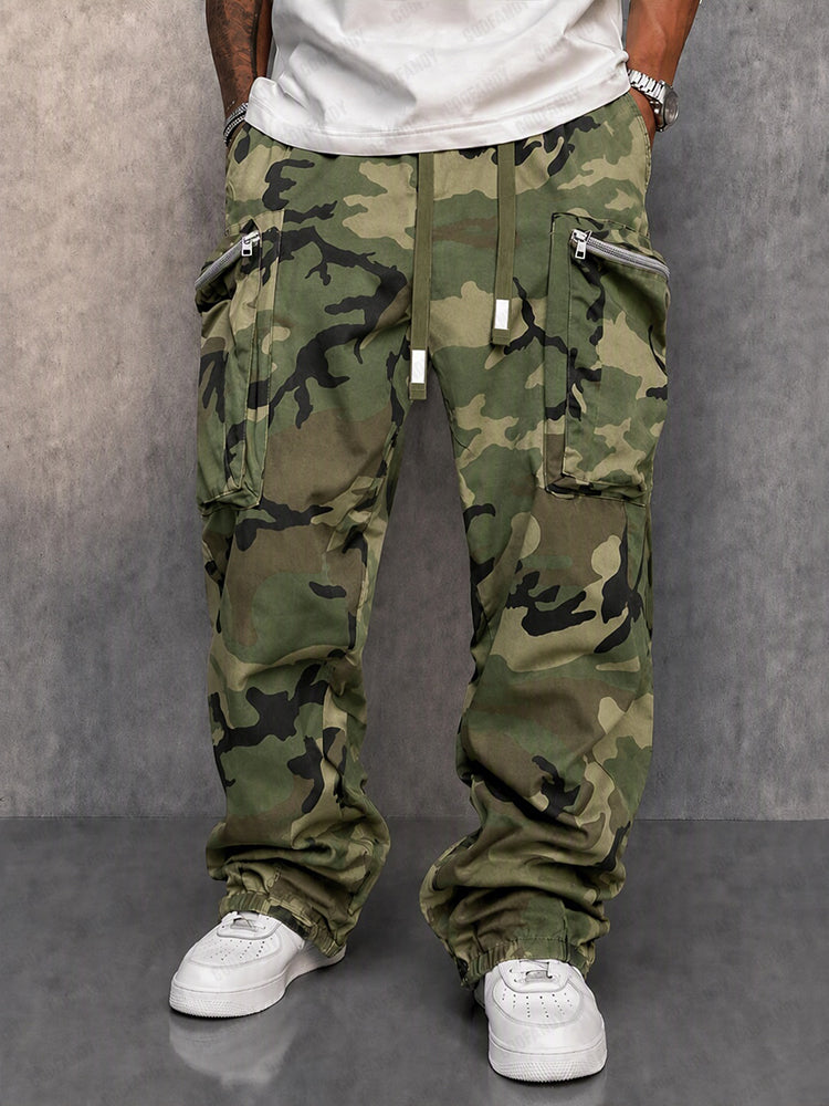 Camouflage print cargo pants with a drawstring waist