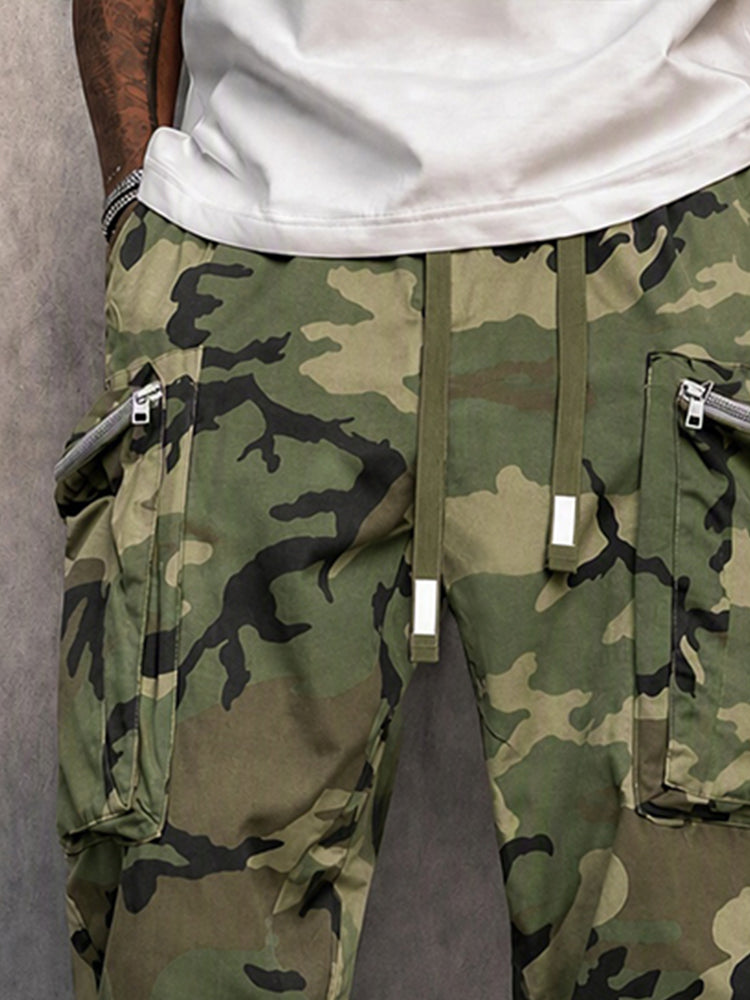 Close-up of the drawstring waist and camouflage print
