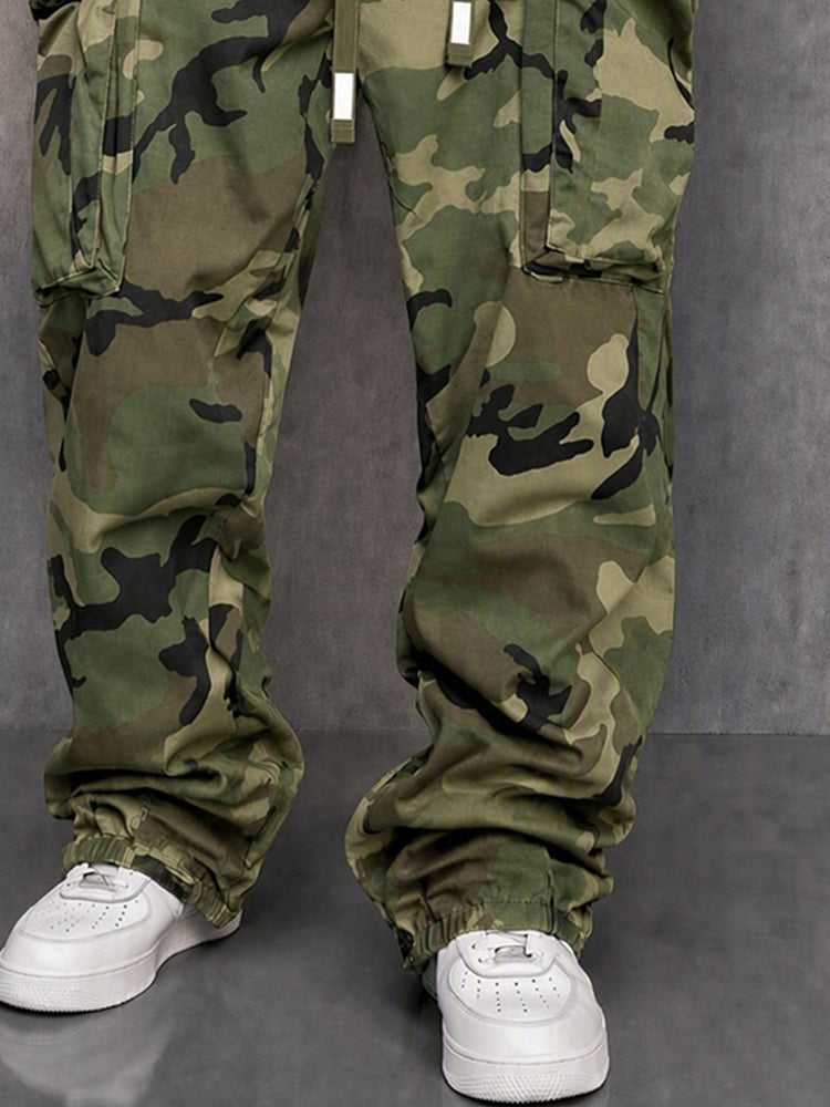 Back view of casual camouflage cargo pants with utility pockets
