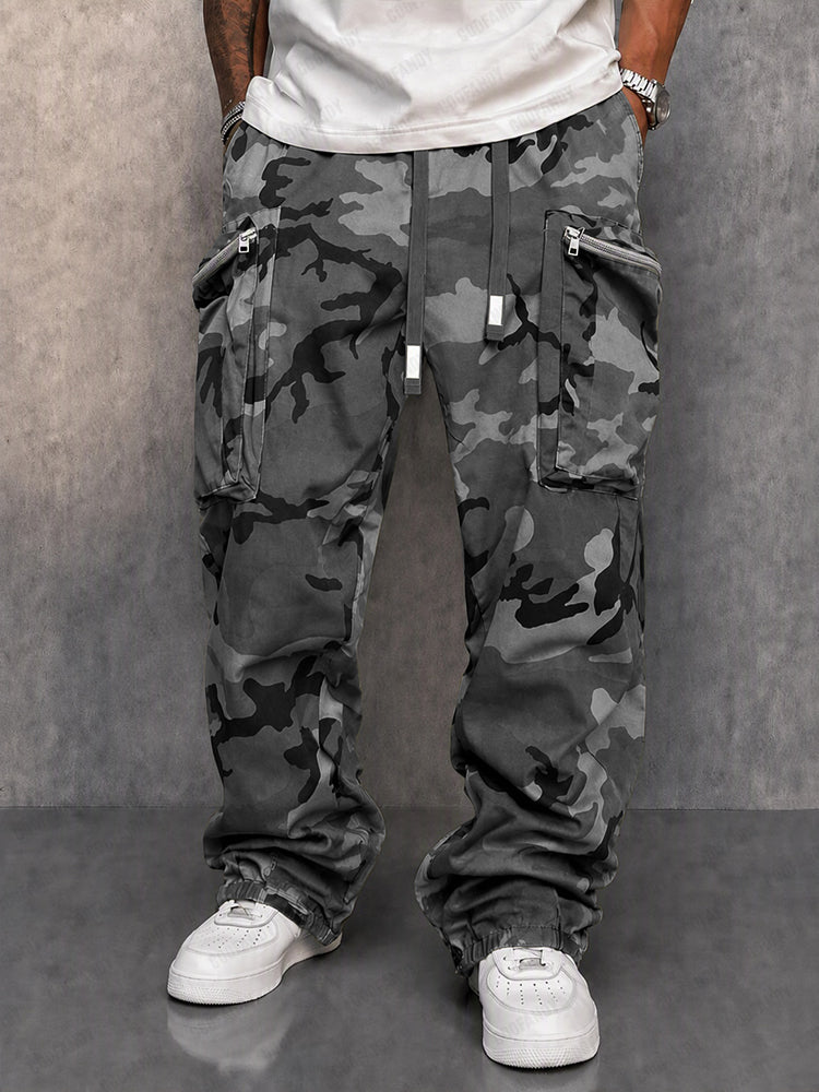 Camouflage Print Cargo Pants With Drawstring