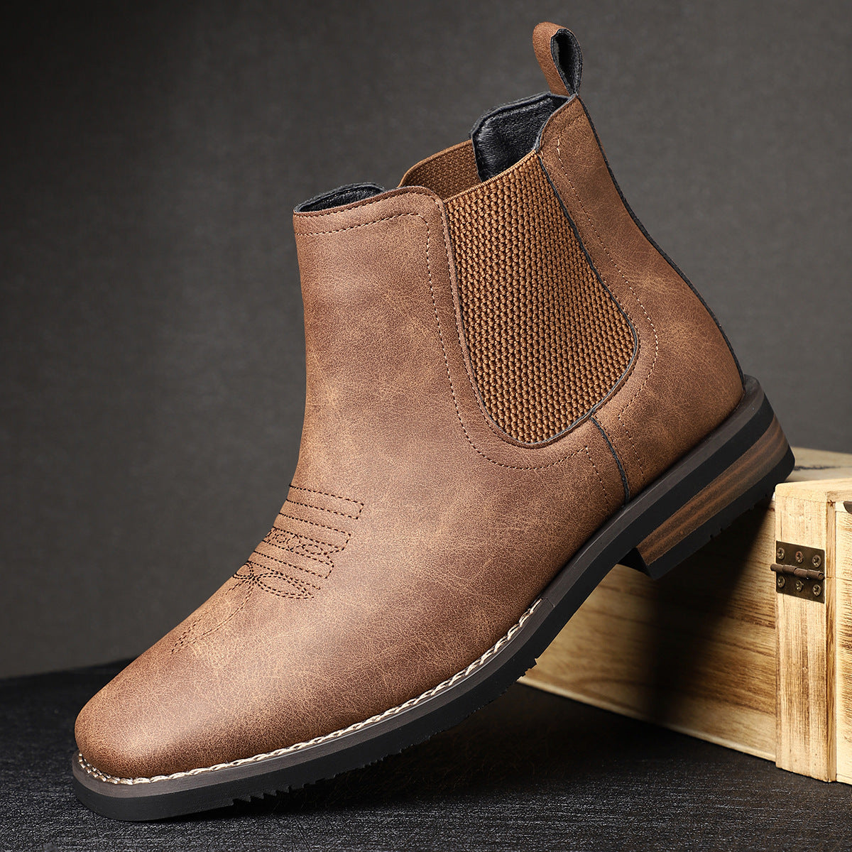 Close-up view of men's classic leather boot construction