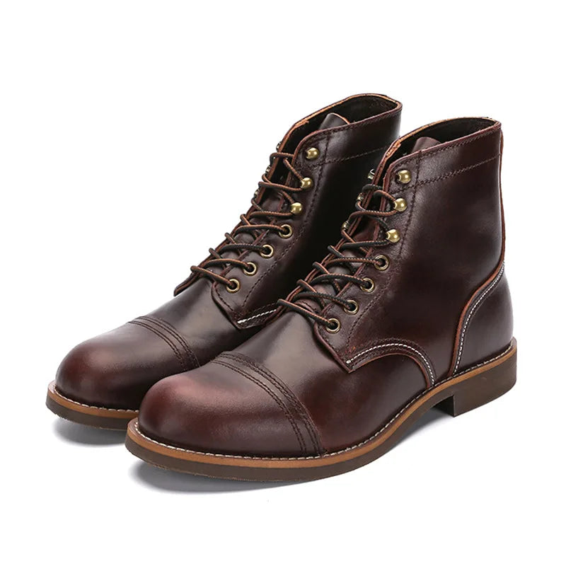 Bastien Men Vintage Leather Motorcycle Boots Cap Toe Retro High Top Work Shoes