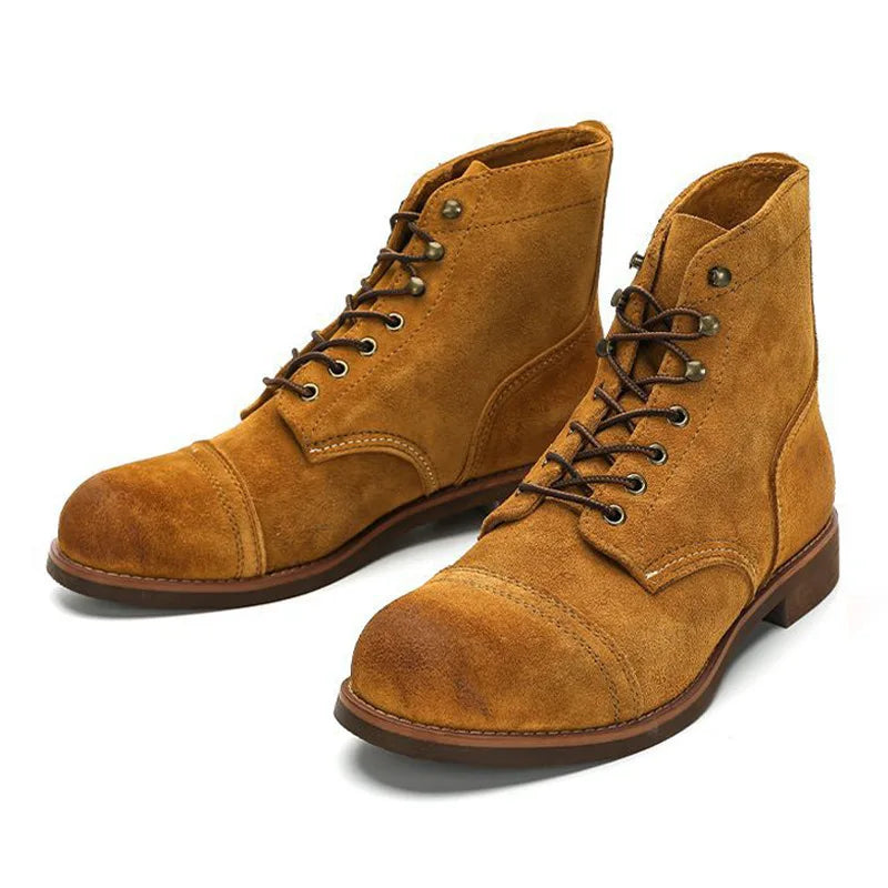Bastien Men Vintage Leather Motorcycle Boots Cap Toe Retro High Top Work Shoes