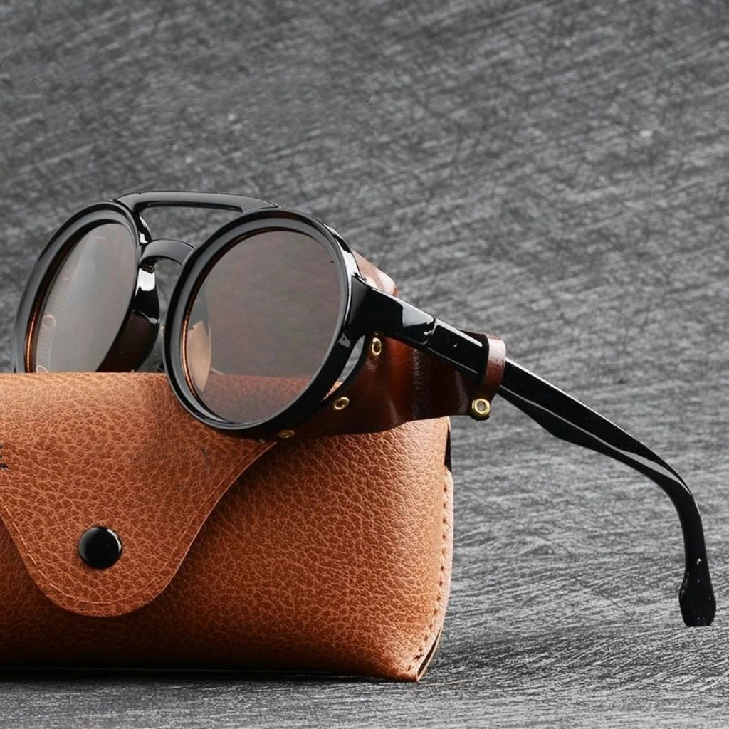 vintage steampunk goggles Vintage Steampunk Round Sunglasses – Retro Leather Side Shield Goggles, F