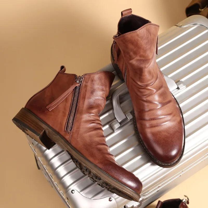 Close-up of men's leather boot texture, stitching, and durable construction