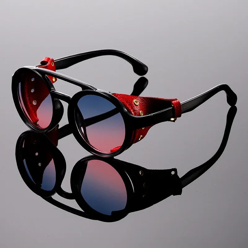 Vintage Steampunk Round Sunglasses – Retro Leather Side Shield Goggles